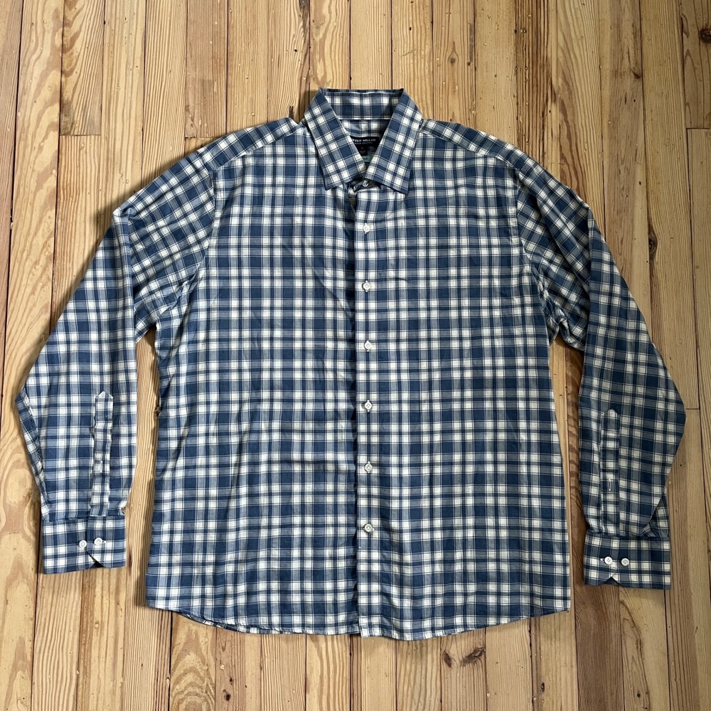 Peter Millar Crown Crafted XL Blue Plaid Long Sleeve Button Down Flex Finish men
